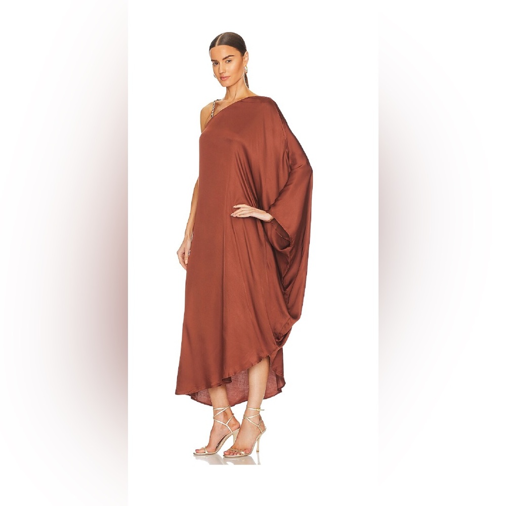 L'Agence Kerry Kaftan Chain-Strap Midi Dress Chocolate Brown Hickory